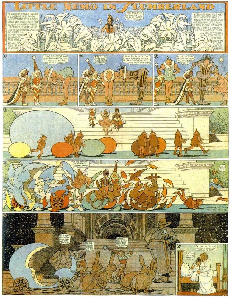 In this installment, Nemo is introduced to the Great Conjurer and is then escort down a large staircase. Several giant eggs are rolled to the bottom of the stairs and they hatch into giant bunnies. A blue carriage is brought out and harnesses are placed on four of the bunnies so they can lead it. In the last panel, a large police officer shows up, which gives Nemo a fright.