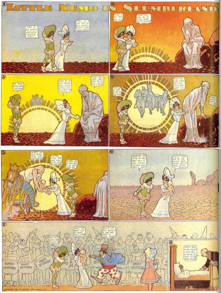 Nemo and the Princess travel to the end of the world where they encounter an old man. She explains to Nemo that this is "old 1906," and she reassures the crying man that he did the best he could. Then a chariot led by three horses comes from the sky to drop off a baby to the Princess, "little 1907." They head to the palace to show the baby to the Princess's father, passing a crowd of onlookers. The strip ends with Nemo waking up to his father wishing him a Happy New Year.
