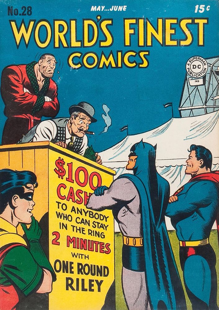 World's Finest Comics #28 (1947). A man is sitting at a podium labelled 