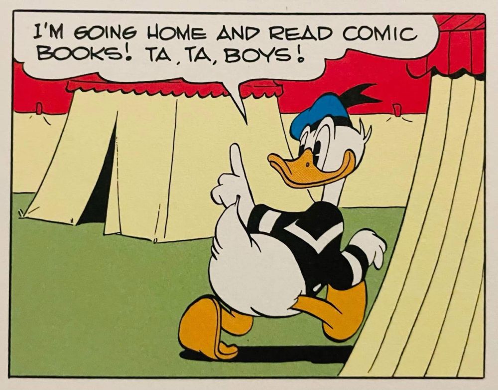 A comic panel featuring Donald Duck. He is saying 