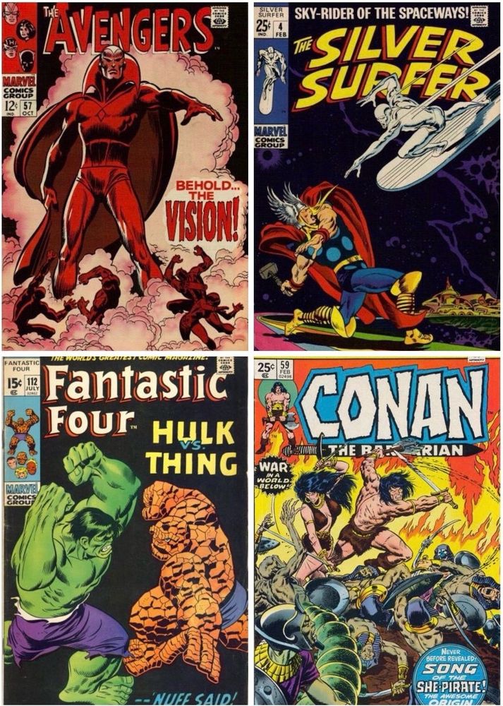 Four comic covers by Buscema, including the first appearance of the Vision in the Avengers, a Silver Surfer issue guest starring Thor, a Fantastic Four guest starring the Hulk, and Conan the Barbarian.