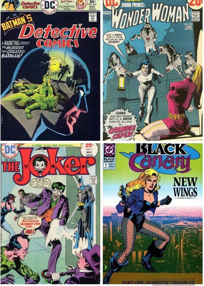 Four covers by him, including Detective Comics #457, Wonder Woman #203, The Joker #1, and Black Canary #1.