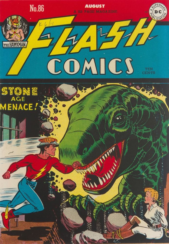 Flash Comics #86, featuring a cover of the Jay Garrick Flash rushing to save a tied up woman, but he is confronted by a T-Rex.