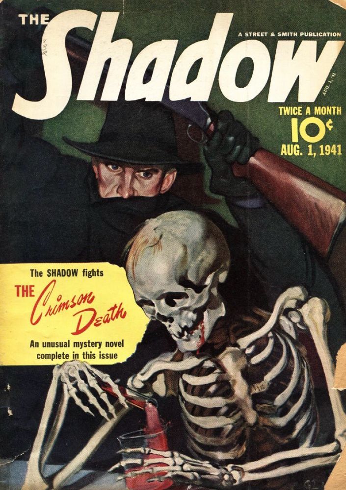 On the cover, a skeleton is sitting at a table and pouring itself a drink from a test tube. The Shadow is sneaking up behind it and is about to bash it in the skull with a rifle.