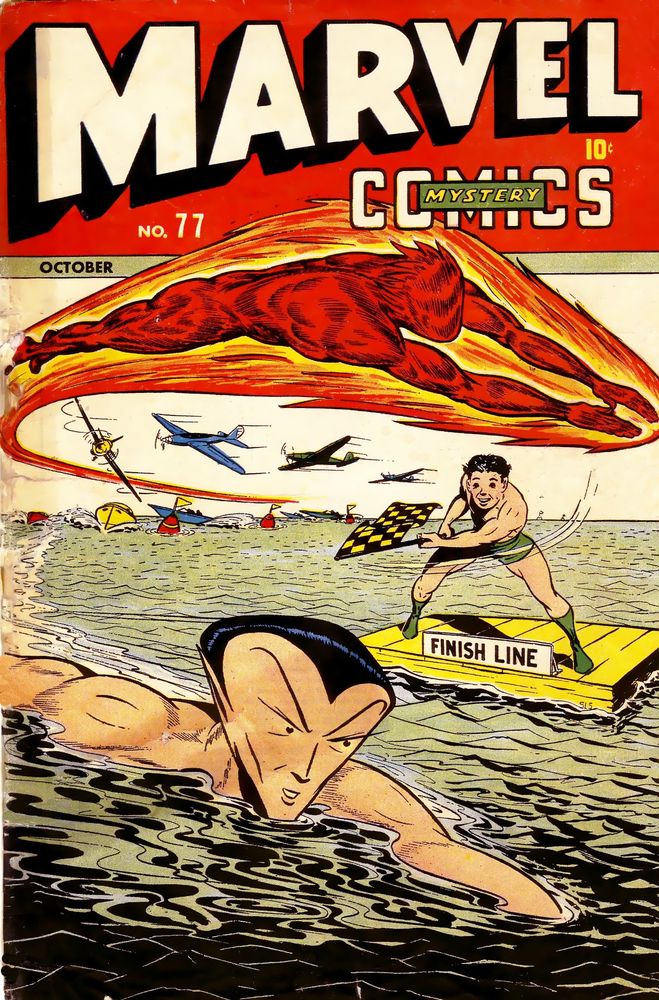 Marvel Mystery Comics #77 (1946). On the cover the Human Torch and Namor, the Sub-Mariner are in a race. The Torch is flying while Namor is swimming. Toro is standing on a small wooden raft with a sign that says "Finish Line" while holding a flag. In the background, we can see several boats and planes. Namor's head is HUGE, with extremely pointed ears and eyebrows.