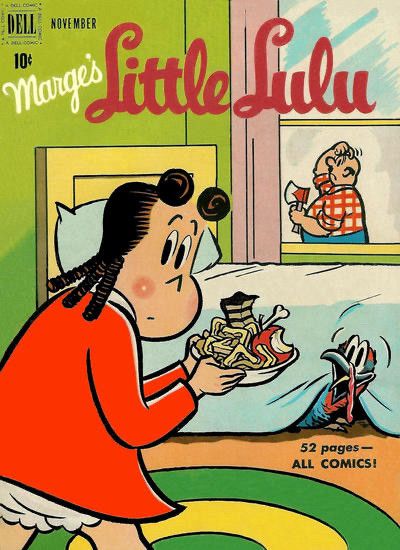 Marge’s Little Lulu #29 (1950). On the cover, Lulu is bringing food to the turkey she is hiding under her bed to protect it from her dad, who can be seen searching for it outside and holding an axe. 