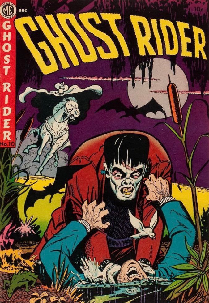Ghost Rider #10 (1952). On the cover, the Western hero, Ghost Rider, rides his horse towards the Frankenstein monster, who is drowning a man in a swamp.