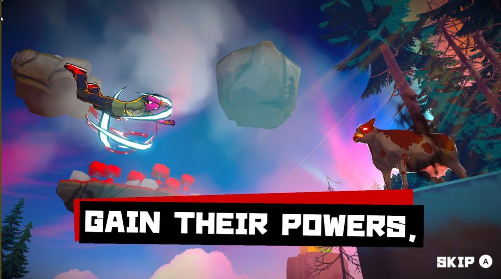 The character is held aloft by a swirling blue field of energy while a cow with glowing red eyes speaks to them in stylized text, "Gain their powers"