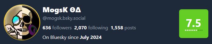 A screenshot from Bluefacts giving my account a score of 7.5