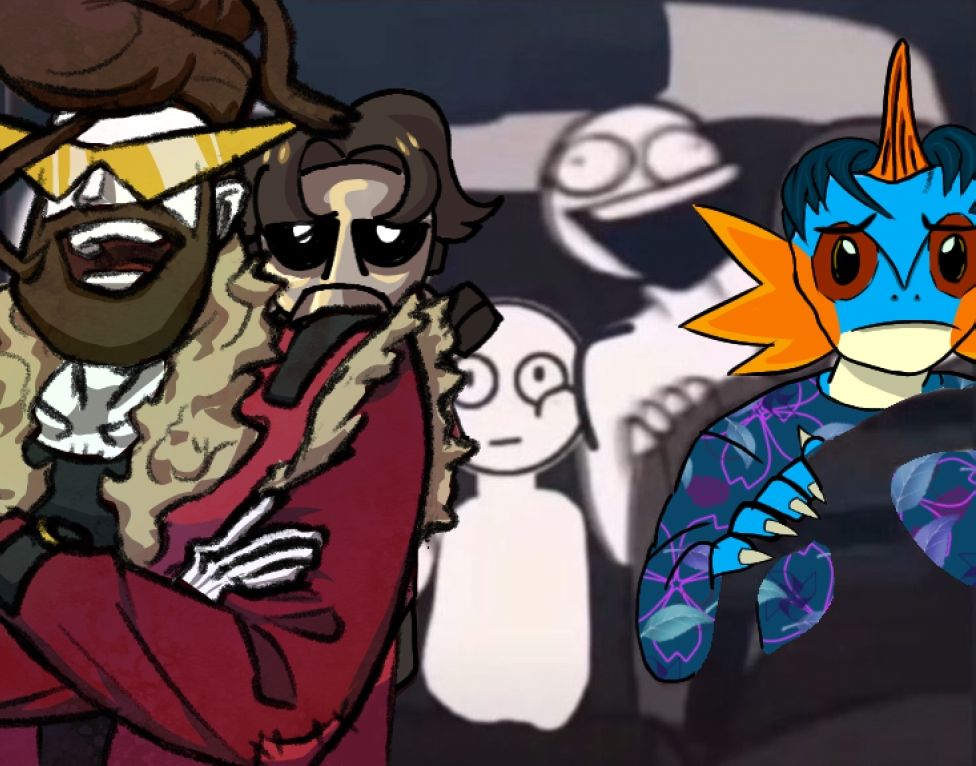 Mrosk, a Mudkip/Red-Eye Crocodile Skink sona driving a car with two other drawn in personification of people and two vacant spots in the image base.