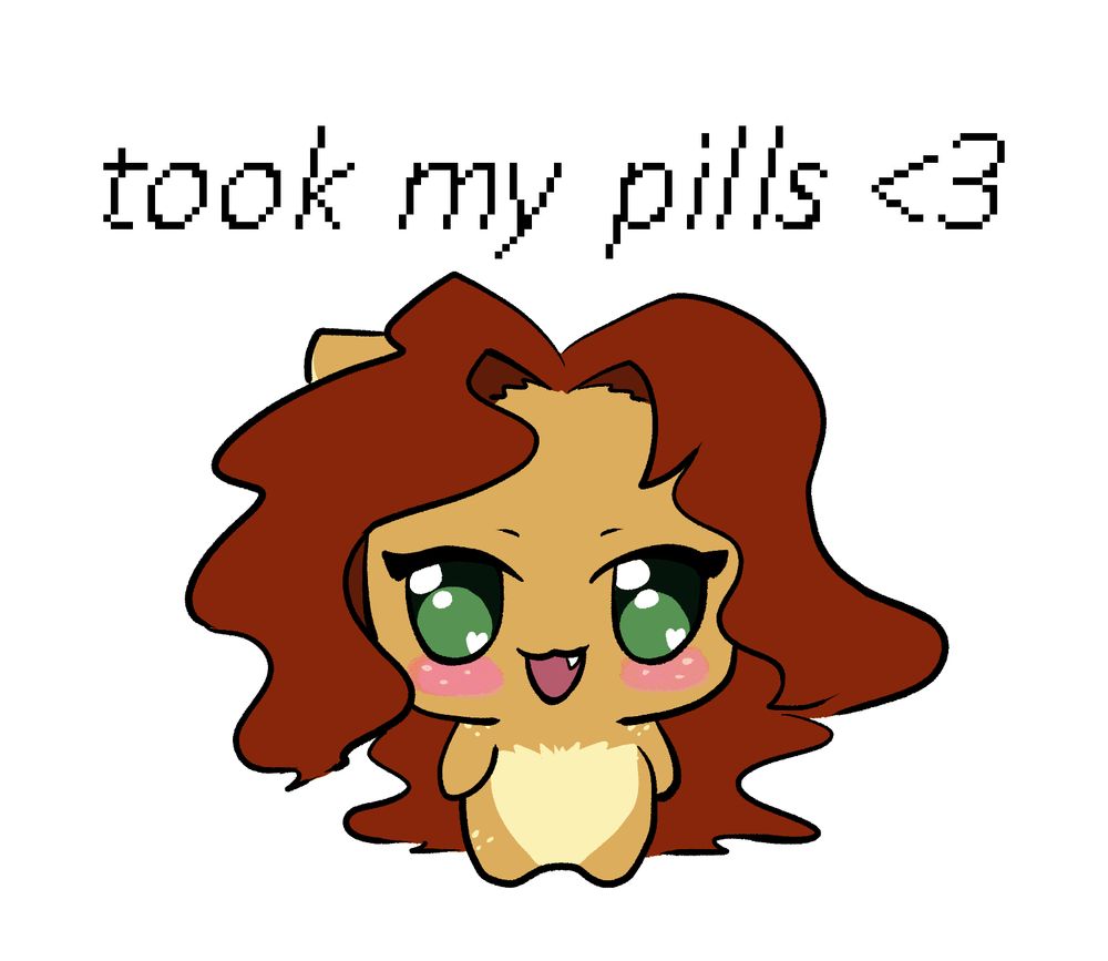 meme drawover of my fursona Rose. "took my pills <3"

[ #art tag for me personal feed]