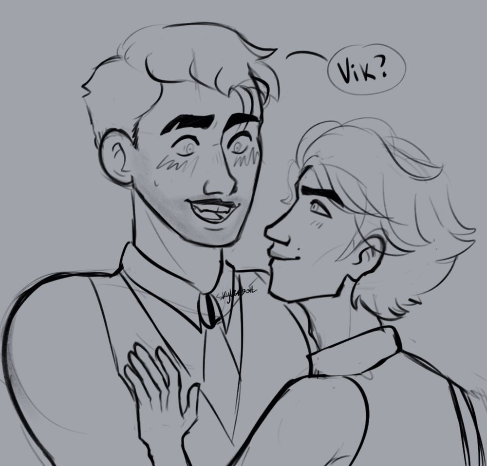 Viktor and Jayce from Arcane, Viktor is touching Jayce’s chest hehe and making him all nervous and giggly 