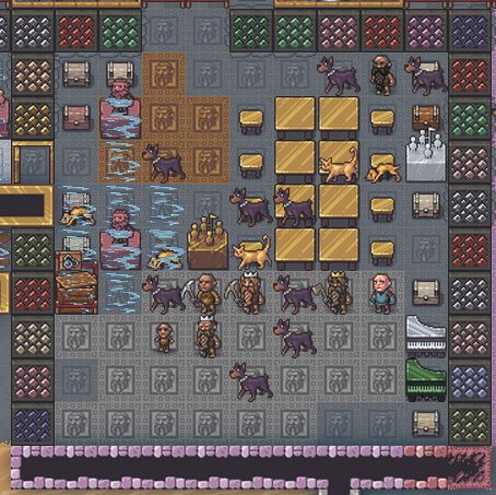 An image from Dwarf Fortress that shows a top-down view of a tavern. The tavern has 8 golden tables and chairs, an engraved floor, and 3 walls made almost entirely out of gem windows. Several dwarves are gathered in the tavern, surrounded by dogs and cats. One of the dwarves is a child. One of the dwarves is wearing clothing, but all others appear to be naked.
