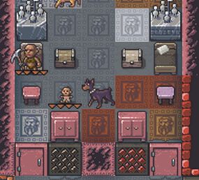 An image from the game “Dwarf Fortress” shows a top-down view of an opulent bedroom which features several engraved precious-metal floor tiles, two platinum statues, and two gem windows. A naked female dwarf is asleep on one of the two beds. Just below her to the right, a baby dwarf is crawling away from her. A cat and war dog can also be seen in the room.