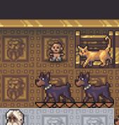 A dwarven baby sits on the engraved golden floor of a training room. A cat and a golden weapon rack are to the right of him. Two war dogs and an adult male dwarf are also visible.