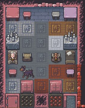 An image from the game, Dwarf Fortress, in which two dwarven children play in an opulent bedroom. One is significantly paler than the other.