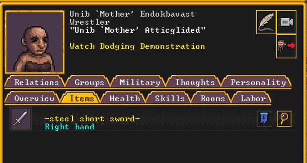The character sheet for a dwarf in Dearf Fortress. It show that the only item in her possession is a sword. 