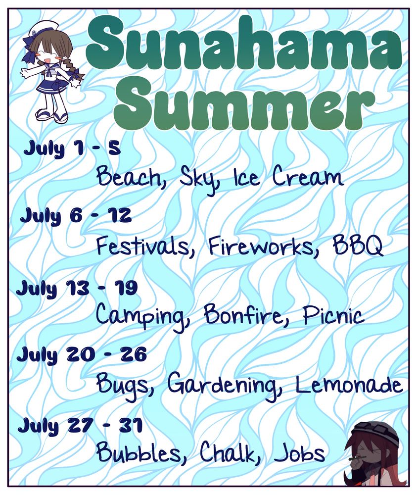 Flyer for the weekly prompts in July 2025 for Sunahama Summer, an Okegom Wiki event. 