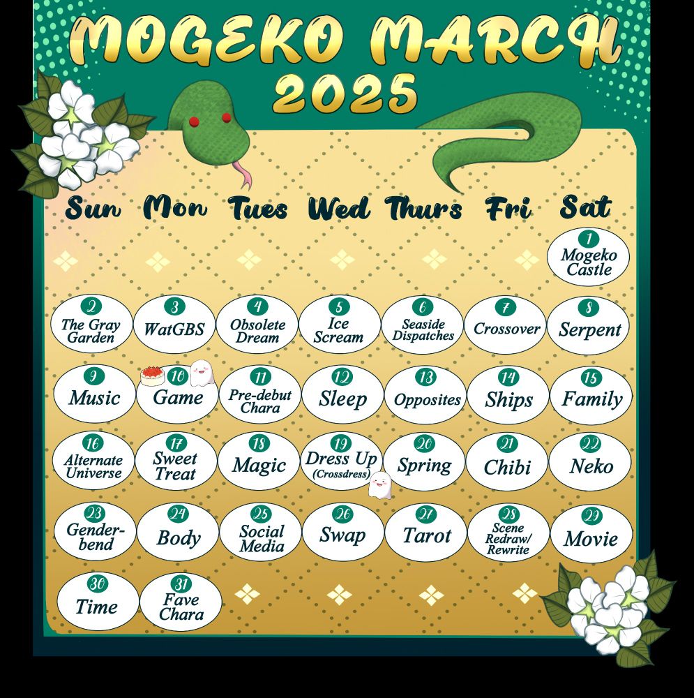 Mogeko March 2025 calendar of daily events. 