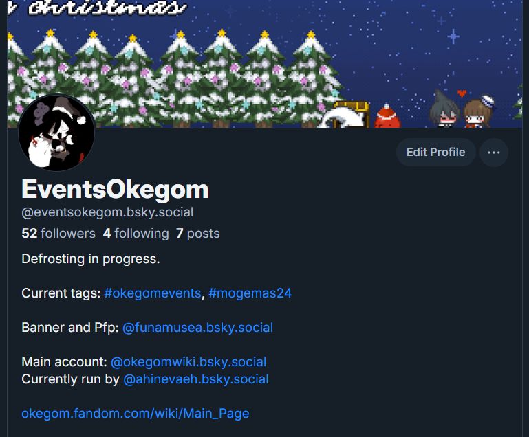 A screenshot of the Okegom Wiki Events Bsky page. Decorated for Christmas with a Christmas themed pfp and banner. 