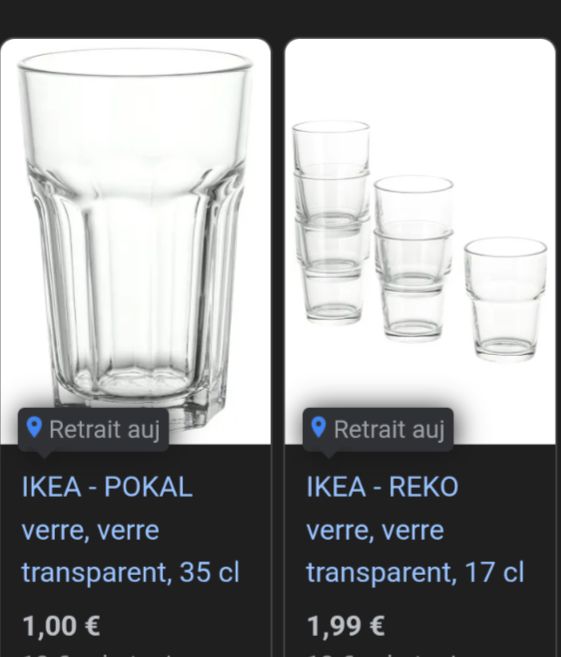 Capture d'écran avec deux verres Ikea basiques, l'un à 1€, l'autre à 1.99€