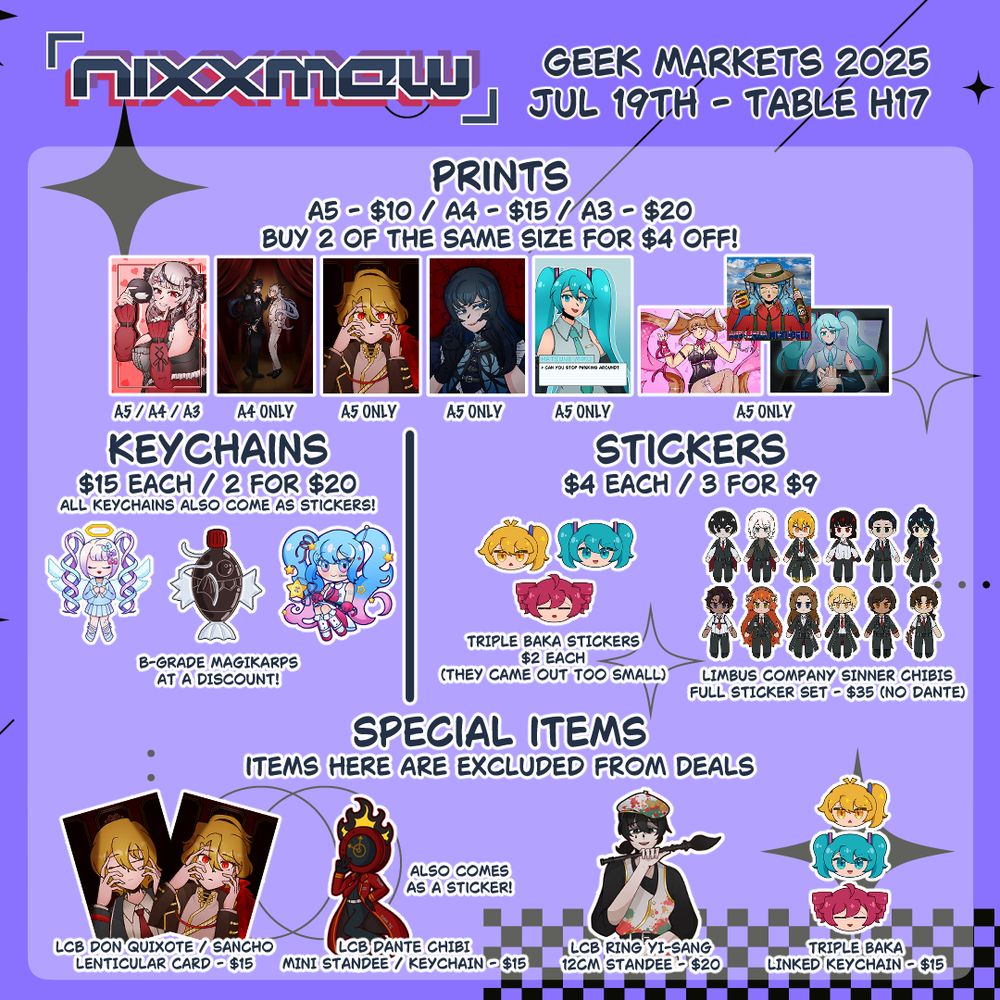 A catalog of items for sale at Table H17 at the upcoming Geek Markets. There are various prints, stickers, keychains and other items available.