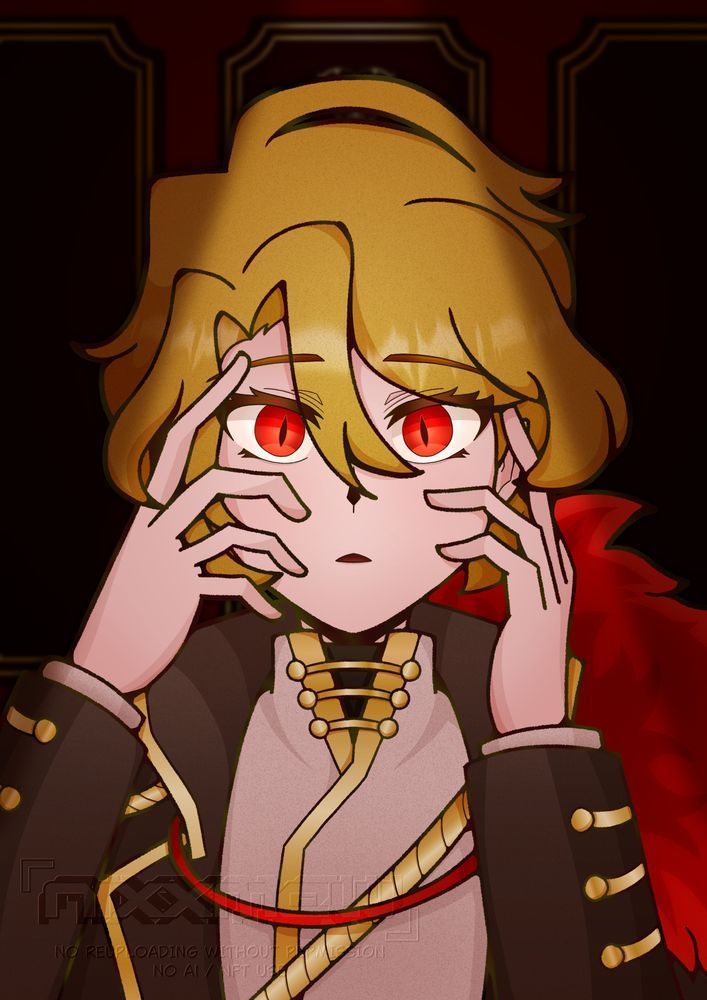 A Bust illustration of Sancho from Limbus Company, redrawn as the thumbnail of D/N/A by Azari. Her red eyes are now opened and she has a mildly surprised expression. Her hands are caressing her face on the sides, in the same pose as the previous image.