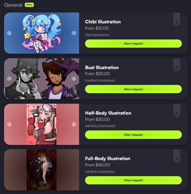 General Commissions Open on VGen!
Chibi Illustration: From US$10.00
Bust Illustration: From US$20.00
Half-Body Illustration: From US$30.00
Full-Body Illustration: From US$40.00