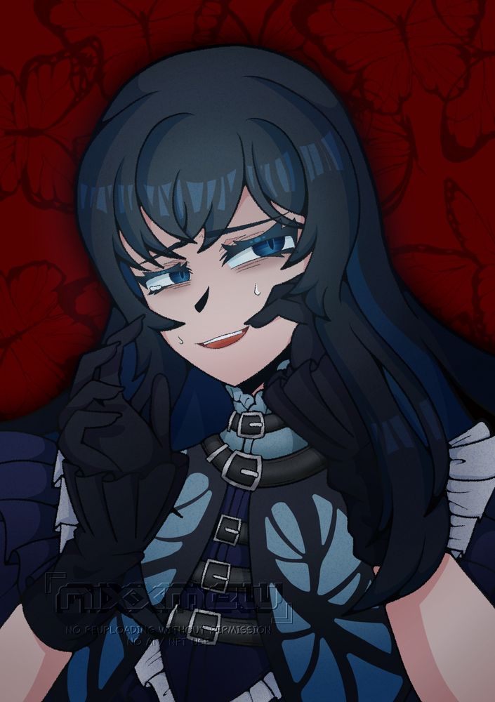 A bust illustration of Ado, in an outfit seen in her Aishite, Aishite, Aishite MV. Her hands are caressing her face and reaching out. She has a distressed expression.