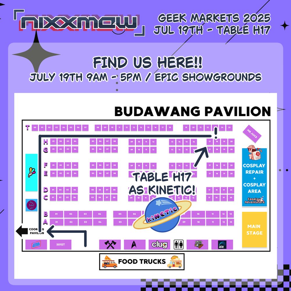 A map of the upcoming Geek Markets. There is an arrow pointing to Table H17, where you'll be able to find kiNETic