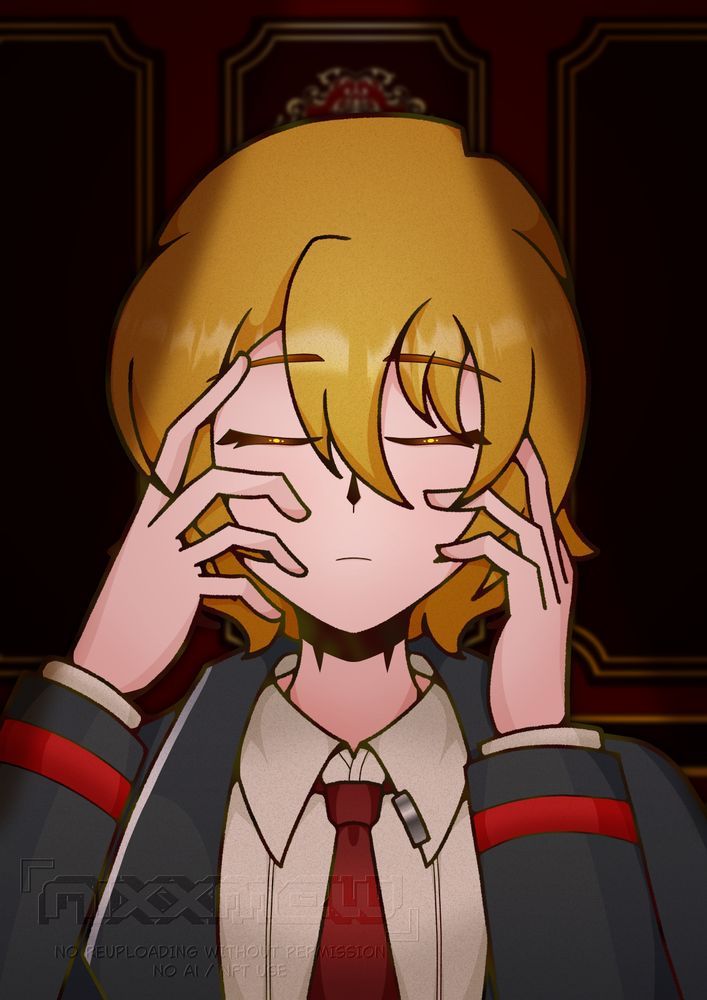 A Bust illustration of Don Quixote from Limbus Company, redrawn as the thumbnail of D/N/A by Azari. Her eyes are closed and she is expressionless. Her hands are caressing her face on the sides.