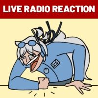 A meme of Static_Animation's OC Radio, redrawn as the WHEEZE meme. It's captioned with a red header and white text, reading "LIVE RADIO REACTION"