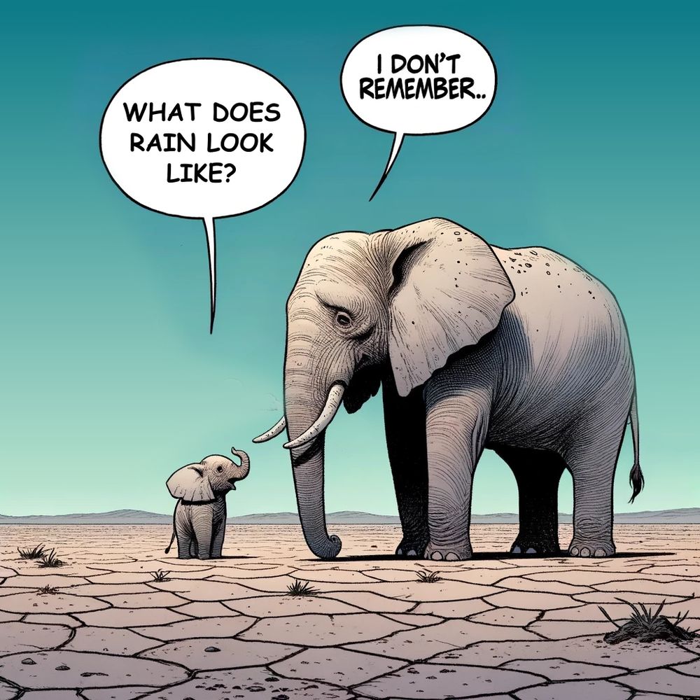 A young elephant is asking an old elephant "What does rain look like?". The old elephant answers "I don't remember".