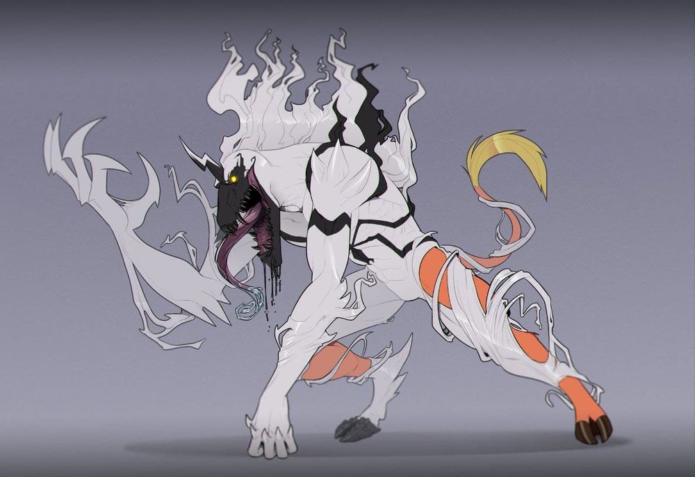 Digital Art: An orange unicorn character is subsumed into a black and white alien creature (symbiots from marvel comics), working from the head down. Their limbs have become sharp claws and their mouth is distended and filled with sharp teeth and a whip-like tongue.