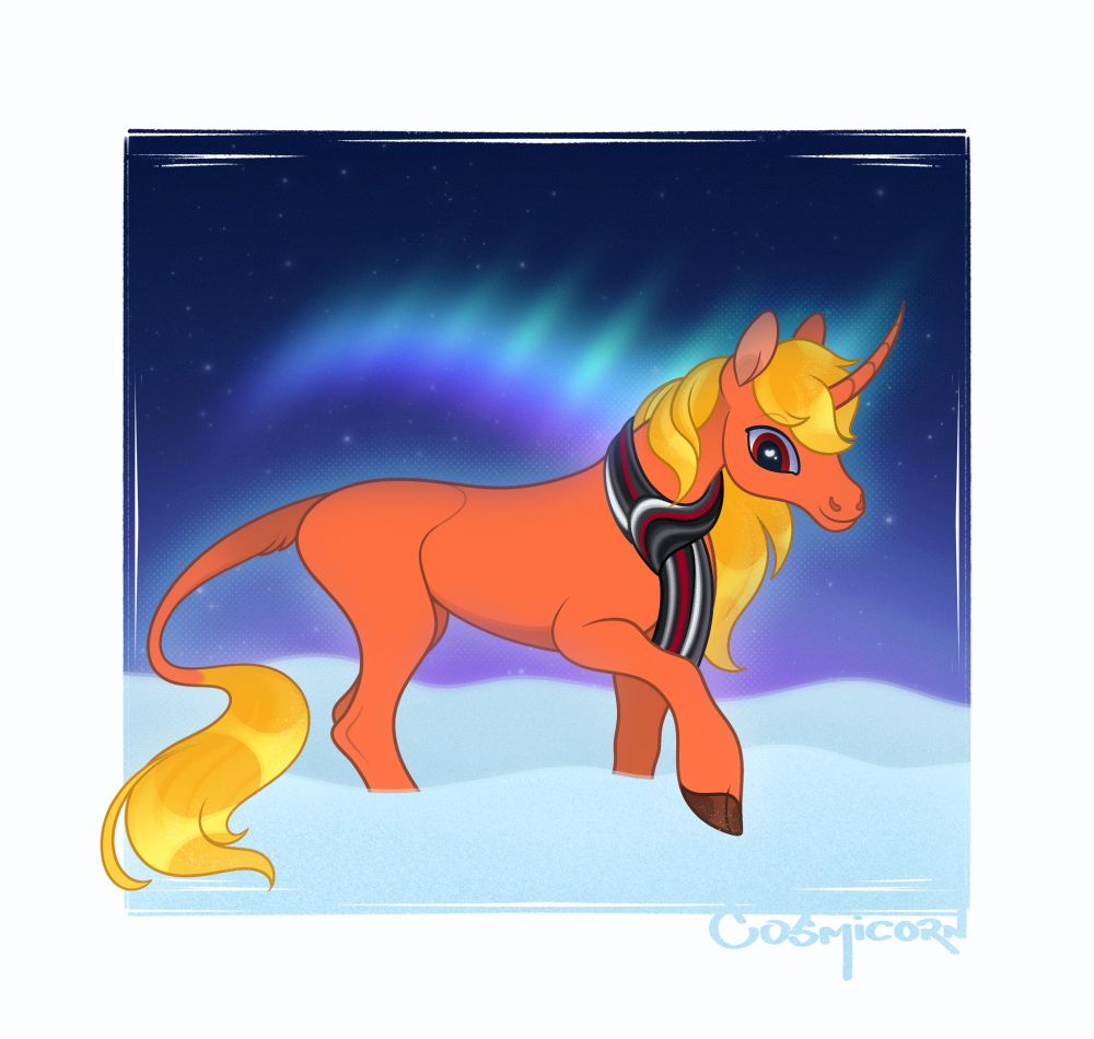 Digital Art: An orange unicorn stands in a snowy field beneath an arctic sky