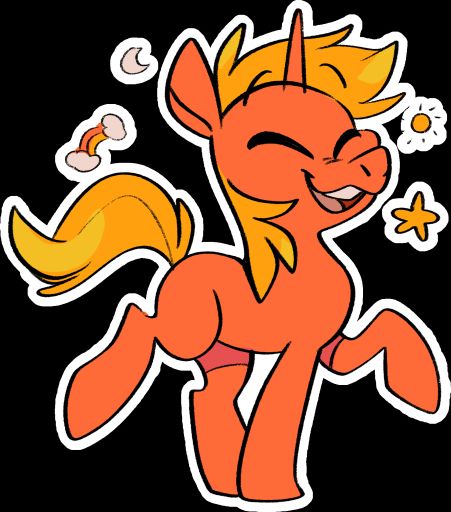 Digital Art: An orange unicorn stands with a fore leg and hind leg extended, smiling with eyes closed. Fun shapes adorn the space around them conveying happiness or joy