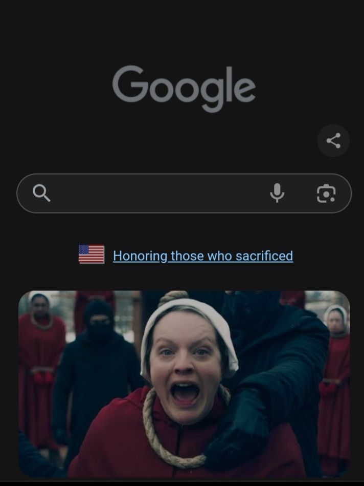 Google page, headline reads "honoring those who sacrificed" first picture below is a screaming woman with a noose being put around her neck