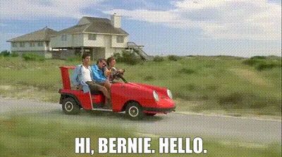Weekend at,Bernies scene. Driving a red golf cart like vehicle 