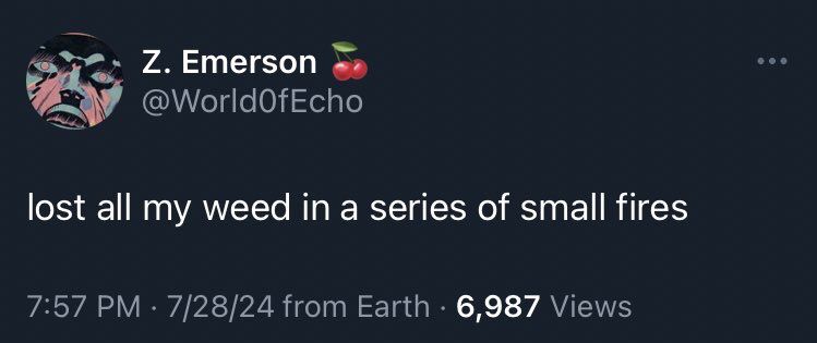 Z. Emerson @WorldOfEcho
lost all my weed in a series of small fires
