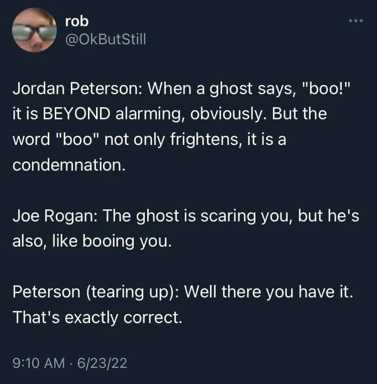rob
@OkButStill
Jordan Peterson: When a ghost says, "boo!" it is BEYOND alarming, obviously. But the word "boo" not only frightens, it is a condemnation.
Joe Rogan: The ghost is scaring you, but he's also, like booing you.
Peterson (tearing up): Well there you have it. That's exactly correct.
