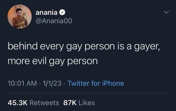 anania✔ @Anania00
behind every gay person is a gayer, more evil gay person
