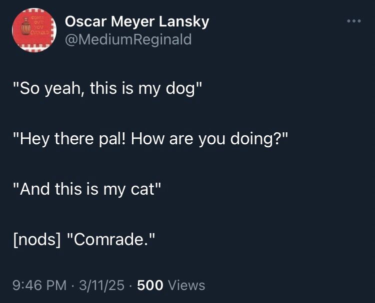 Oscar Meyer Lansky @Medium Reginald
"So yeah, this is my dog"
"Hey there pal! How are you doing?"
"And this is my cat"
[nods] "Comrade."

