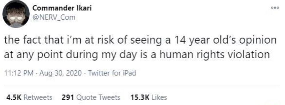 Commander Ikari @NERV_Com
the fact that i'm at risk of seeing a 14 year old's opinion at any point during my day is a human rights violation
Aug 30, 2020
