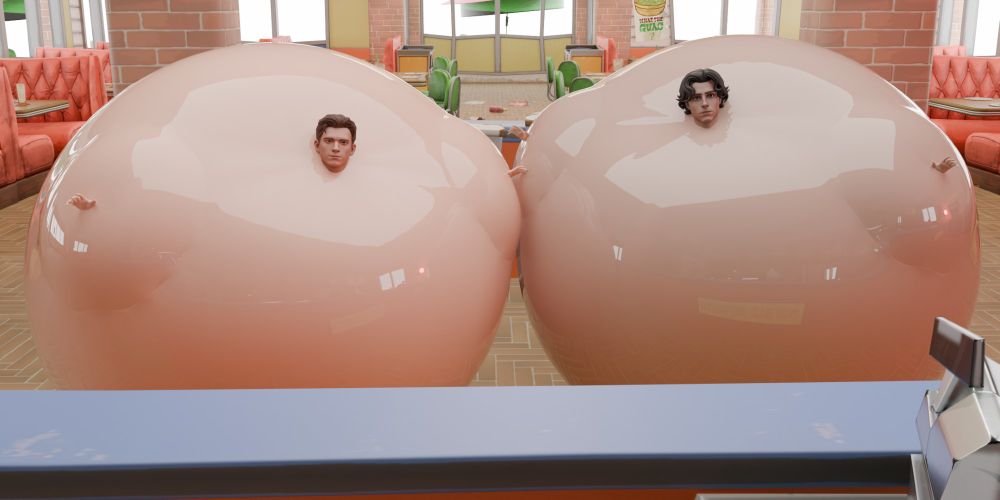 Tom Holland (Left) and Timothee Chalamet (Right) inflated into big boyloons at a diner.