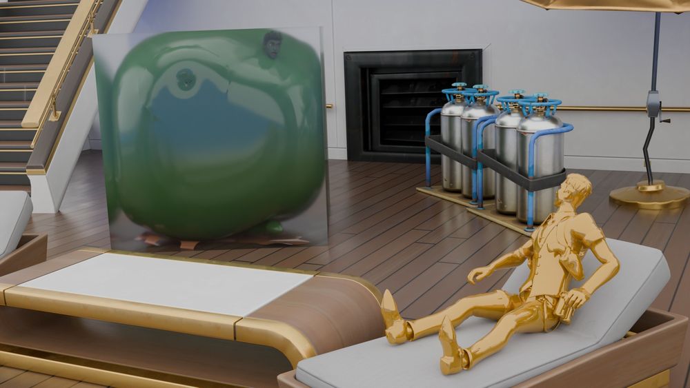 Golden Midas staring at Beast Boy who is inflated and wedged inside a glass box.