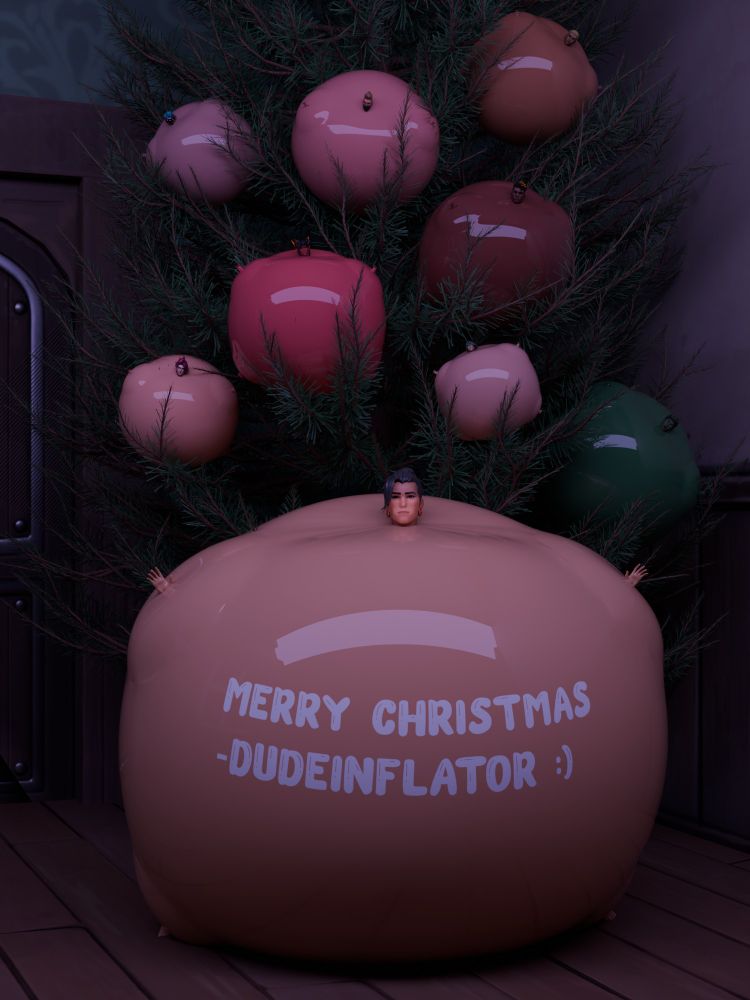 A bunch of inflated boyloons on a christmas tree with a large one in front with "Merry Christmas -Dudeinflator :)" written across him.