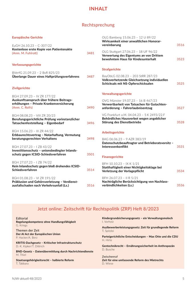 Seite 2 des Inhaltsverzeichnisses der NJW 48/2023