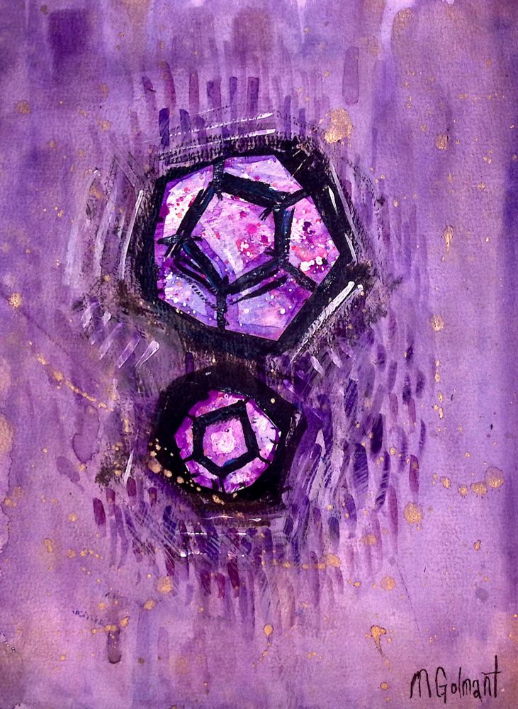 A watercolor and mixed media collage of two dodecahedrons filled with starry light. 