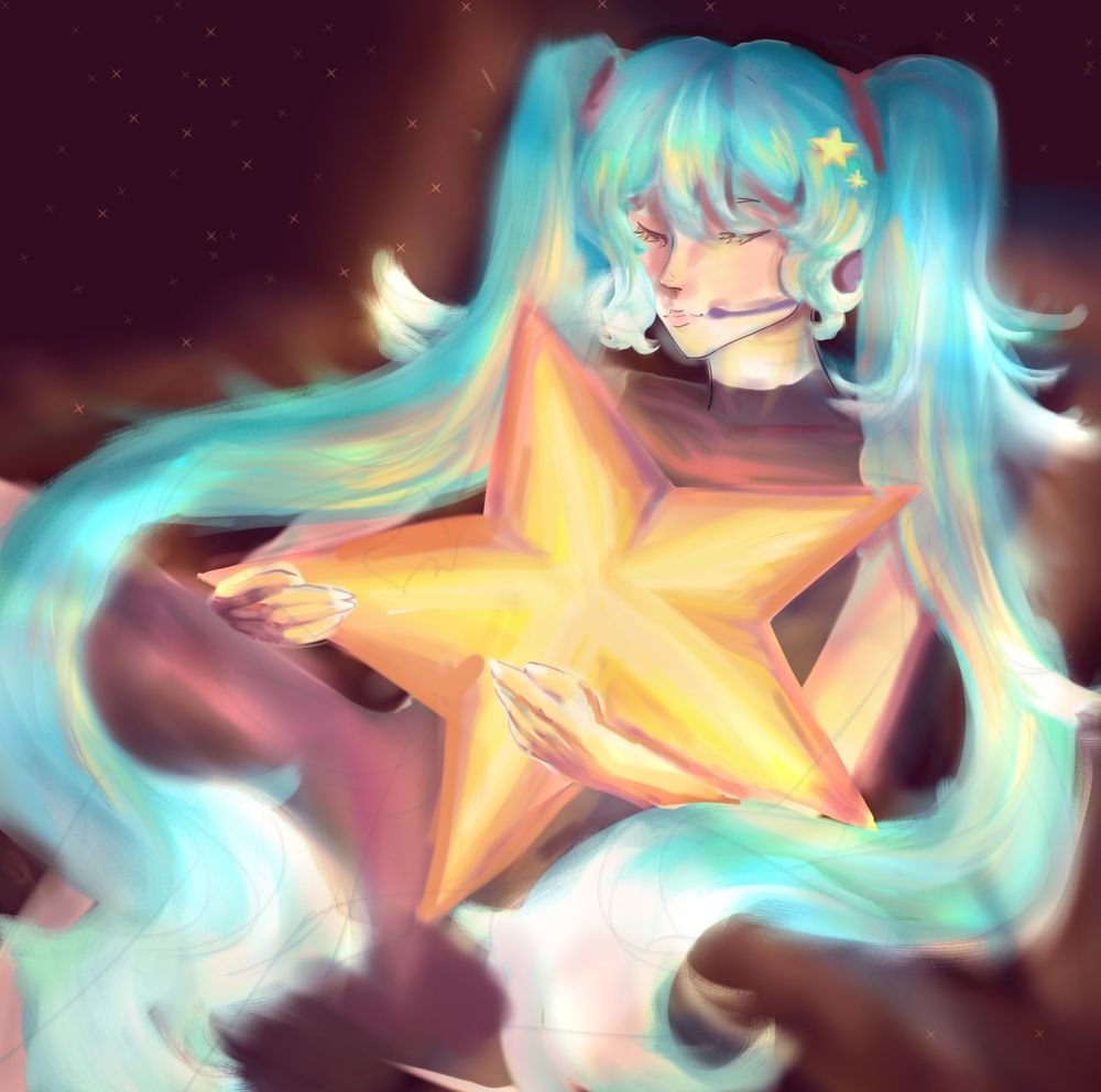Miku in space, holding a star that makes her stand out from the dark