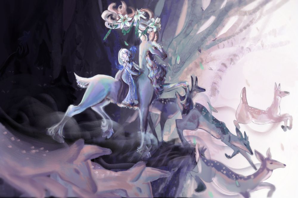 This is where it all starts. A new chapter has been opened in your life. Jump, take the leap, it's all you ever wanted! And yet you still hold onto the past, you still look into the depths of the forest. Why? You finally got the chance you've been waiting for. Keep moving forward.

This piece uses the symbolism of new beginnings. From the lilies on the antlers to the deers taking a leap into the light. The main character (Roma) is looking back into the forest. You see a hand with a moth deep within the forest. Those same moths are surrounding Roma, symbolizing both the excitement for new beginnings and regret for leaving 